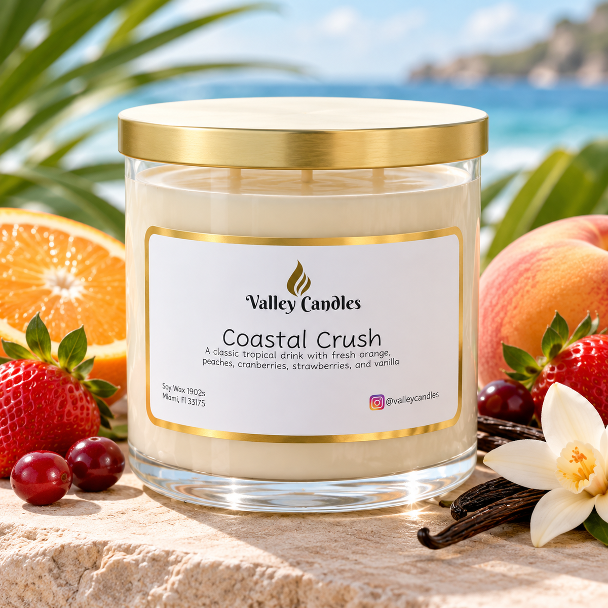 Coastal Crush 15oz handmade soy candle in a clear glass jar, poured by hand in Miami by Valley Candles