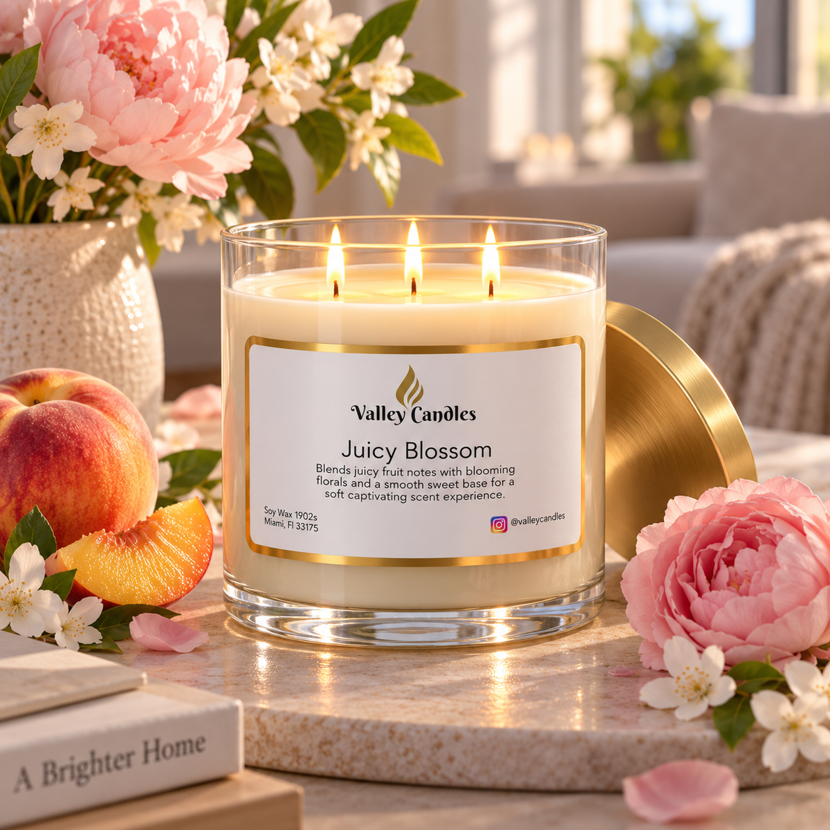 Juicy Blossom handmade soy candle lit, showing the flame and the melted wax pool