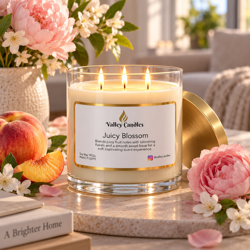 Juicy Blossom handmade soy candle lit, showing the flame and the melted wax pool